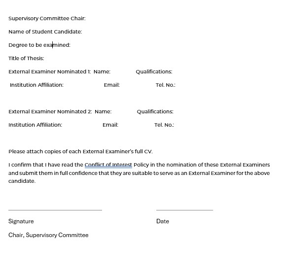 Nomination of External Examiner’s Form